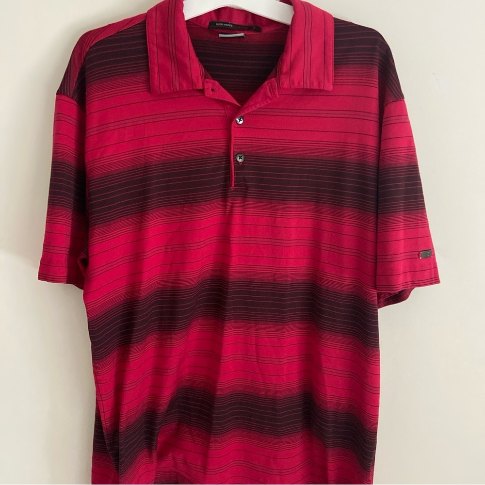 Nike Dri Fit Tiger Woods Collection Red and Black Polo Shirt with Bold Stripes